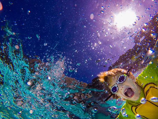 a boy in a swimming pool from underwater